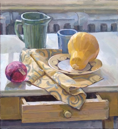 Still Life on White Tabletop and Open Drawer